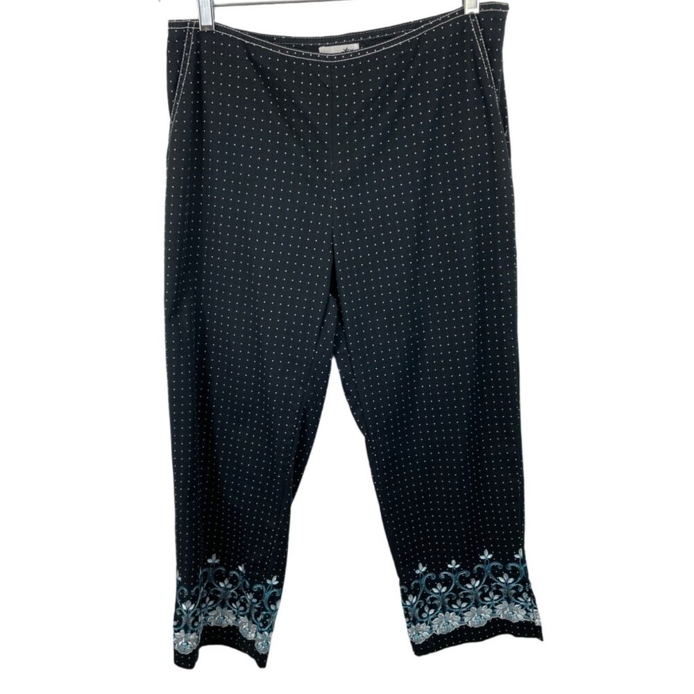 Island Republic Womens Size 8 Black/White Polka Dot Capri Pants Embroidered Hem